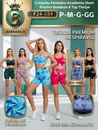 Conjunto Feminino Academia Short Empina Bumbum E Top Tiedye pacote com 24 peças cor e tamanho sortido cada peça R$25