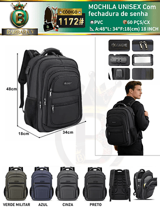 MOCHILA UNISEX Com fechadura de senha com CABO USB/P2(Dica‼️Este anúncio a compra avulso ou em pacote）