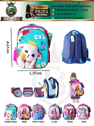 KIT MOCHILA 3D+ ESTOJO escolar infantil menina （Dica‼️Este anúncio possui compra avulso ou em pacote）