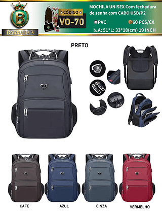 MOCHILA UNISEX Com fechadura de senha com CABO USB/P2(Dica‼️Este anúncio a compra avulso ou em pacote）