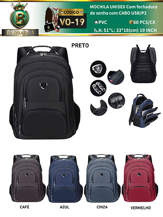 MOCHILA UNISEX Com fechadura de senha com CABO USB/P2(Dica‼️Este anúncio a compra avulso ou em pacote）