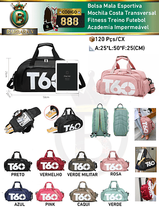 Bolsa Mala T60 Esportiva Mochila Costa Transversal Fitness Treino Futebol Academia Masculina e feminina