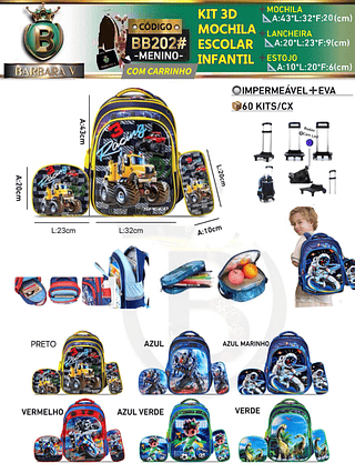 KIT 4 peças 3D MOCHILA+ESTOJO+LANCHEIRA+CARRINHO ESCOLAR INFANTIL-MENINO （Dica‼️Este anúncio possui compra avulso ou em pacote）