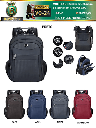 MOCHILA UNISEX Com fechadura de senha com CABO USB/P2(Dica‼️Este anúncio a compra avulso ou em pacote）