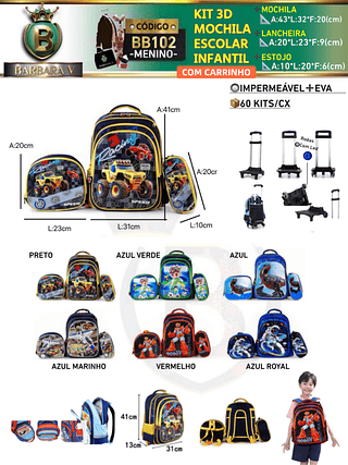 KIT 4 peças 3D MOCHILA+ESTOJO+LANCHEIRA+CARRINHO ESCOLAR INFANTIL-MENINO （Dica‼️Este anúncio possui compra avulso ou em pacote）