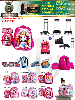 KIT 4 peças 3D MOCHILA+ESTOJO+LANCHEIRA+CARRINHO ESCOLAR INFANTIL-MENINA（Dica‼️Este anúncio possui compra avulso ou em pacote）