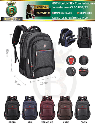 MOCHILA UNISEX Com fechadura de senha com CABO USB/P2 (Dica‼️Este anúncio a compra avulso ou em pacote）