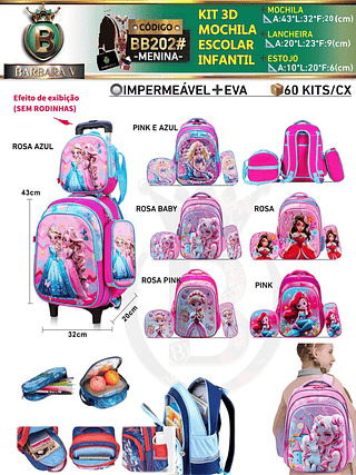 KIT 3 peças 3D MOCHILA ESCOLAR INFANTIL-MENINA （Dica‼️Este anúncio possui compra avulso ou em pacote