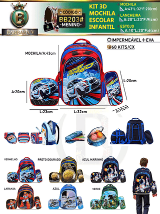 KIT 3 peças 3D MOCHILA ESCOLAR INFANTIL-MENINO （Dica‼️Este anúncio possui compra avulso ou em pacote