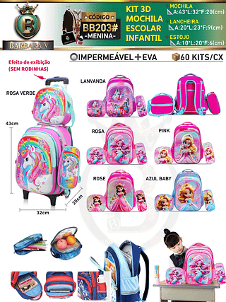 KIT 3 peças 3D MOCHILA ESCOLAR INFANTIL-MENINA （Dica‼️Este anúncio possui compra avulso ou em pacote