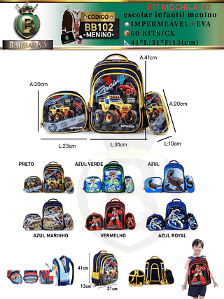 KIT 3 peças 3D MOCHILA ESCOLAR INFANTIL-MENINAO（Dica‼️Este anúncio possui compra avulso ou em pacote）