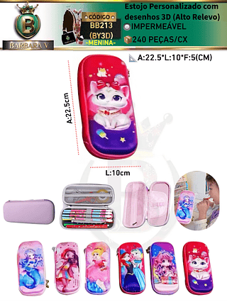 Estojo Personalizado menina com desenhos 3D -MENINA(Alto Relevo)KIT com 3 Peças tampa aleatório/cada peça R$15.00