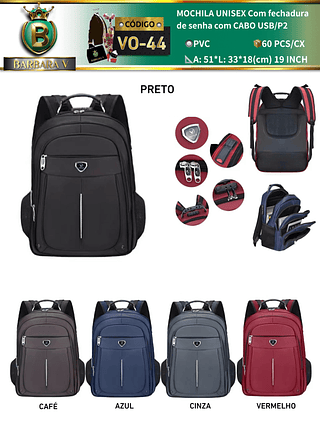 MOCHILA UNISEX Com fechadura de senha com CABO USB/P2(Dica‼️Este anúncio a compra avulso ou em pacote）