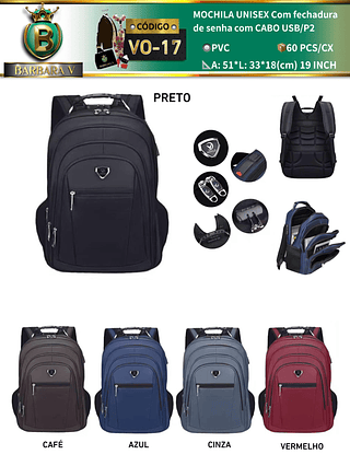 MOCHILA UNISEX Com fechadura de senha com CABO USB/P2(Dica‼️Este anúncio a compra avulso ou em pacote）