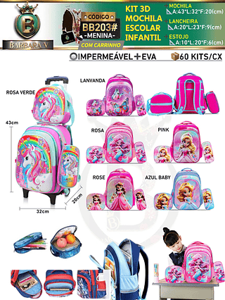 KIT 4 peças 3D MOCHILA+ESTOJO+LANCHEIRA+CARRINHO ESCOLAR INFANTIL-MENINA （Dica‼️Este anúncio possui compra avulso ou em pacote）