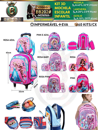 KIT 4 peças 3D MOCHILA+ESTOJO+LANCHEIRA+CARRINHO ESCOLAR INFANTIL-MENINA （Dica‼️Este anúncio possui compra avulso ou em pacote）