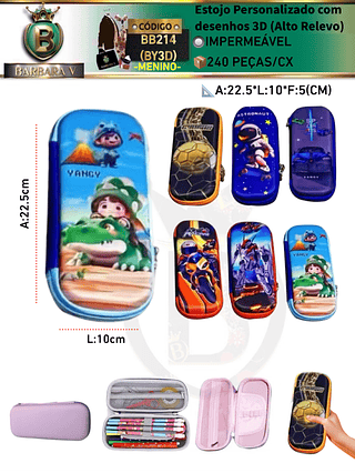 Estojo Personalizado menina com desenhos 3D-MENINO (Alto Relevo)KIT com 3 Peças tampa aleatório/cada peça R$15.00