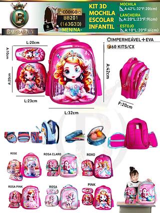 KIT 3 peças 3D MOCHILA ESCOLAR INFANTIL-MENINA （Dica‼️Este anúncio possui compra avulso ou em pacote）