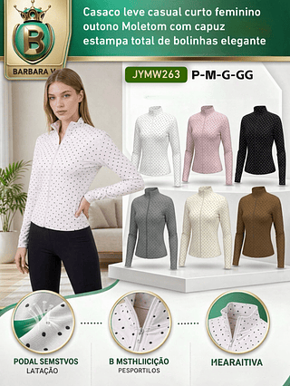 Casaco leve casual curto feminino outono Moletom com capuz estampa total de bolinhas elegante pacote com 24 peças cor e tamanho sortido cada peça R$43