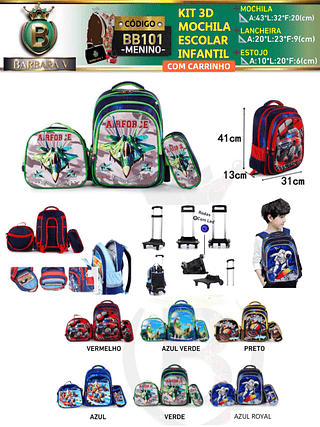 KIT 4 peças 3D MOCHILA+ESTOJO+LANCHEIRA+CARRINHO ESCOLAR INFANTIL-MENINO （Dica‼️Este anúncio possui compra avulso ou em pacote）