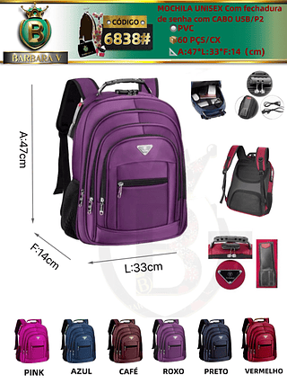 MOCHILA UNISEX Com fechadura de senha com CABO USB/P2 （Dica ⚠️Este anúncio possui compra avulsa ou em pacote）