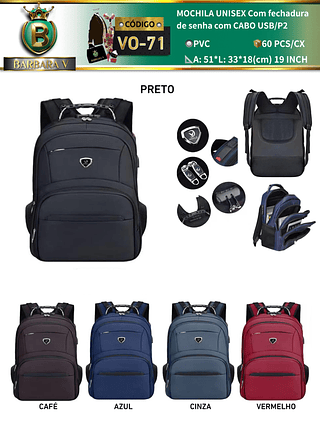 MOCHILA UNISEX Com fechadura de senha com CABO USB/P2(Dica‼️Este anúncio a compra avulso ou em pacote）