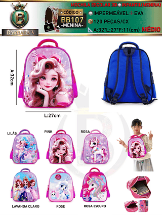 MOCHILA MEDIO ESCOLAR 3D INFANTIL/MENINA（Dica‼️Este anúncio possui compra avulso ou em pacote）