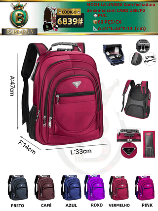 MOCHILA UNISEX Com fechadura de senha com CABO USB/P2 （Dica ⚠️Este anúncio possui compra avulsa ou em pacote）