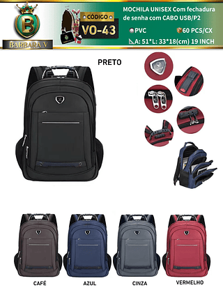 MOCHILA UNISEX Com fechadura de senha com CABO USB/P2(Dica‼️Este anúncio a compra avulso ou em pacote）