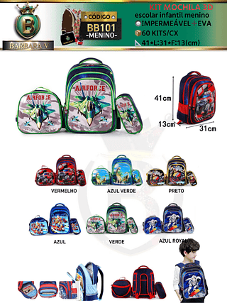 KIT 3 peças 3D MOCHILA ESCOLAR INFANTIL-MENINO （Dica‼️Este anúncio possui compra avulso ou em pacote）