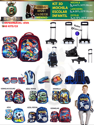 KIT 4 peças 3D MOCHILA+ESTOJO+LANCHEIRA+CARRINHO ESCOLAR INFANTIL-MENINO （Dica‼️Este anúncio possui compra avulso ou em pacote）