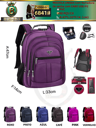 MOCHILA UNISEX Com fechadura de senha com CABO USB/P2 （Dica ⚠️Este anúncio possui compra avulsa ou em pacot